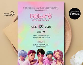 Invitación para la fiesta de cumpleaños de Saja Boys: Plantilla editable de Canva (Descarga digital)