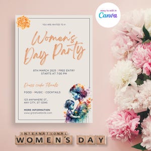 International Women's Day Party Invitation | Canva Template | Floral Party | Editable Invitation | Spring Party | DIY | Instant Download