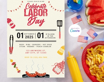 Labor Day BBQ Invitation Template | Editable Patriotic Summer Party Invite | Instant Download | Canva Template