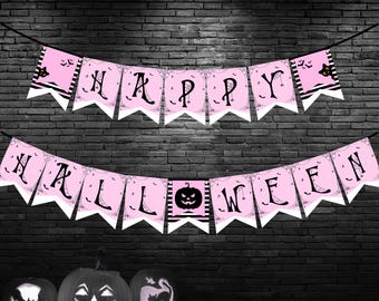 Pink Halloween Banner: A-Z Letters & Spooky Flags (Digital Download)