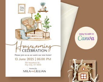 Housewarming Party Einladung: Aquarell Wohndeko (Canva Template)