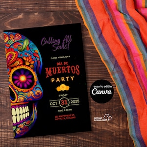 Peut inclure: Invitation noire pour une fête du Día de Muertos avec un design de tête de mort colorée. L'invitation comprend le texte "Calling All Souls!" et "Día de Muertos Party". La date est le 31 octobre 2025.