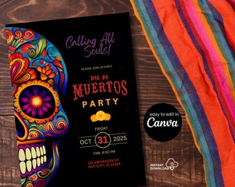 Día de Muertos Party Invitation: Editable Sugar Skull Design (Digital Download)