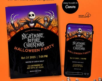Uitnodiging voor Halloween-feestje Jack Skellington: canvassjabloon (digitale download)