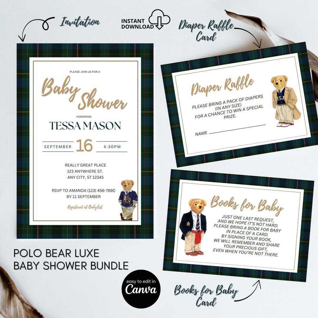 Polo Bear Luxe Baby Shower Invitation Bundle: Canva Template (digital ...