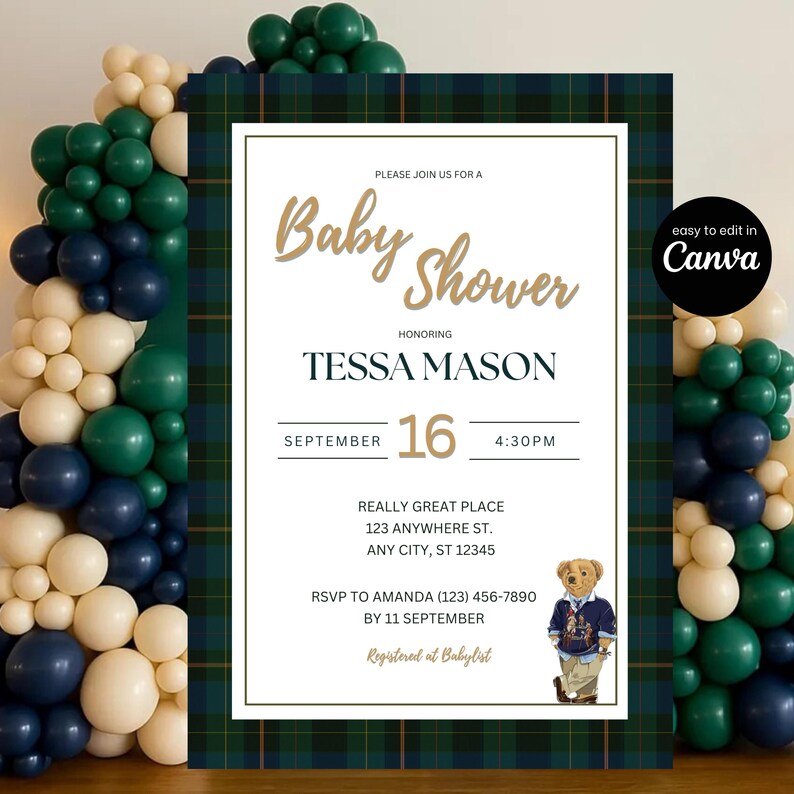 Polo Bear Luxe Baby Shower Invitation Bundle: Canva Template (digital ...