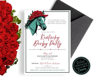 May include: A white invitation with a red and green illustration of a horse wearing a red hat with red roses. The text on the invitation reads "Kentucky Derby Party" with the date "May 3rd" and the time "One o'clock in the afternoon".