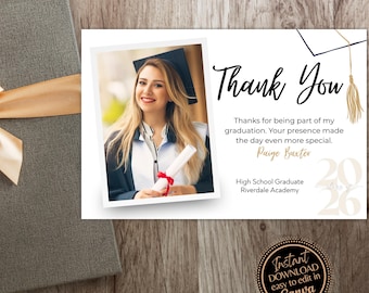 Plantilla de tarjeta de agradecimiento con foto de graduación / Promoción de 2026 (Descarga digital)