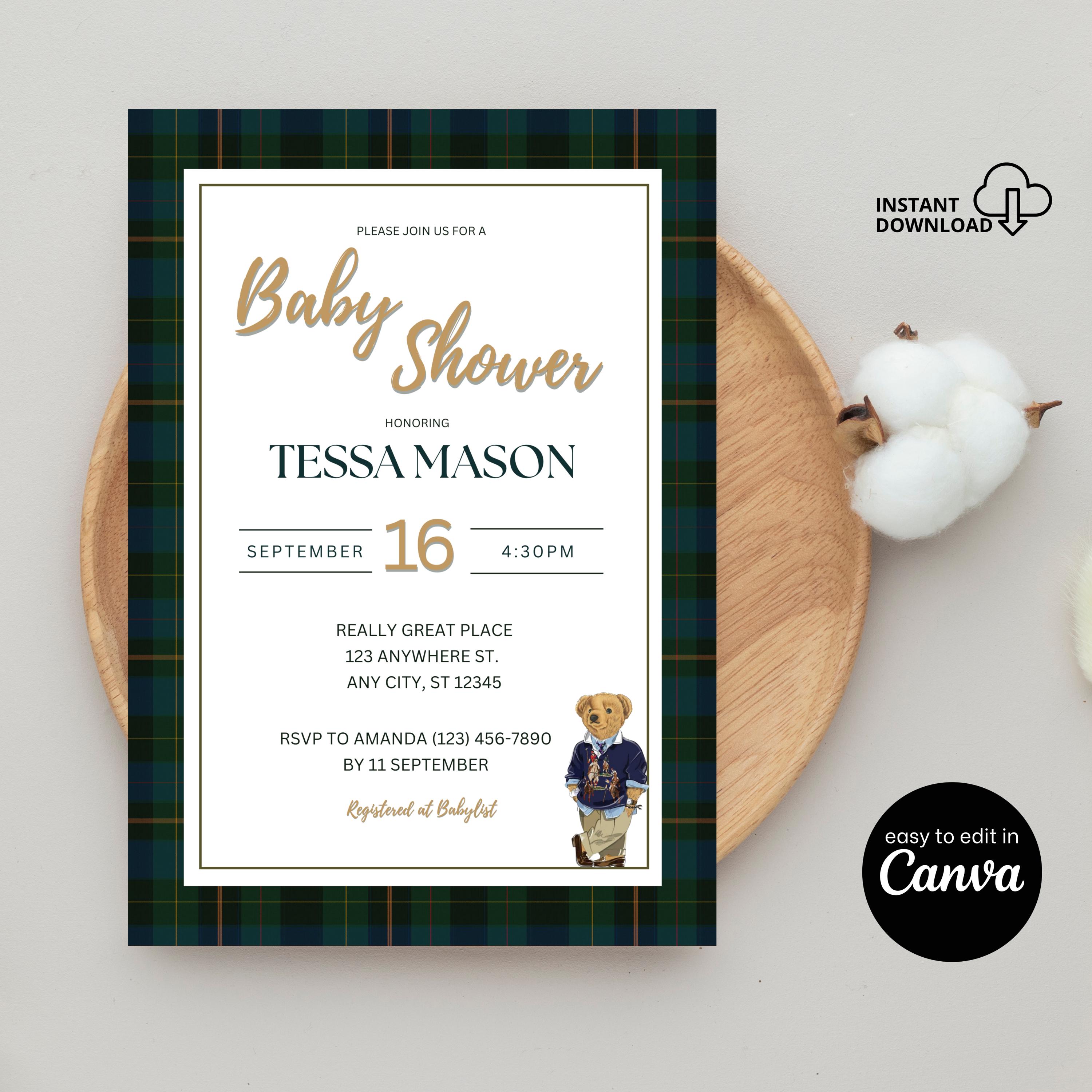 Polo Bear Luxe Baby Shower Invitation Bundle: Canva Template (digital ...