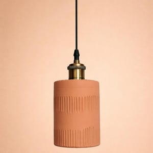 Peut inclure: Un luminaire suspendu de couleur terre cuite avec un abat-jour cylindrique à rainures verticales. La lampe a un support de plafond et un support d'ampoule de couleur laiton, reliés par un cordon noir. Le luminaire est suspendu sur un fond pêche.
