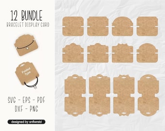 May include: A set of 12 brown card stock bracelet display cards. The cards are designed to be folded and have a hole for hanging. The text "12 BUNDLE BRACELET DISPLAY CARD" is printed on the top of the card. The text "Folded Type" is printed on the inside of the card. The text "SVG - EPS - PDF DXF - PNG designed by snflwrstd" is printed on the bottom of the card.