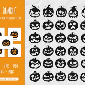 May include: A set of 30 black and white Halloween pumpkin silhouette illustrations. The pumpkins have different facial expressions, including smiling, frowning, and scary.