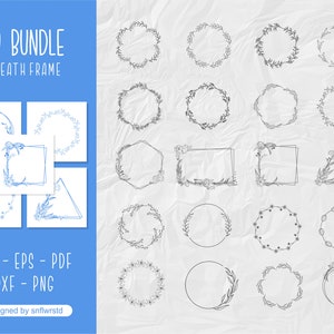 May include: A set of 20 black and white wreath frames with various shapes, including circles, squares, hexagons, and triangles. The frames are designed with floral and leaf elements. The text "20 BUNDLE WREATH FRAME" is at the top of the image. The text "SVG - EPS - PDF DXF - PNG" is at the bottom of the image. The text "designed by snflwrstd" is at the bottom of the image.