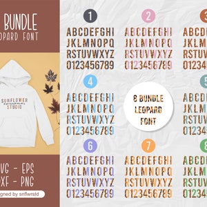 May include: An image showcasing an 8-bundle leopard font design. The design includes the alphabet and numbers in various color schemes. A white hoodie with the text "SUNFLOWER STUDIO" is also featured. The image also includes SVG, EPS, DXF, and PNG file formats.