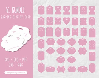 May include: A set of 41 printable earring display cards in pink. The cards feature various shapes and sizes, including circles, squares, rectangles, hearts, and ovals. Each card has a hole at the top for hanging and two holes on the bottom for displaying earrings. The text "41 BUNDLE EARRING DISPLAY CARD" is at the top of the image. The text "SVG - EPS - PDF DFX - PNG" is at the bottom of the image. The text "designed by snflwrstd" is at the bottom of the image.