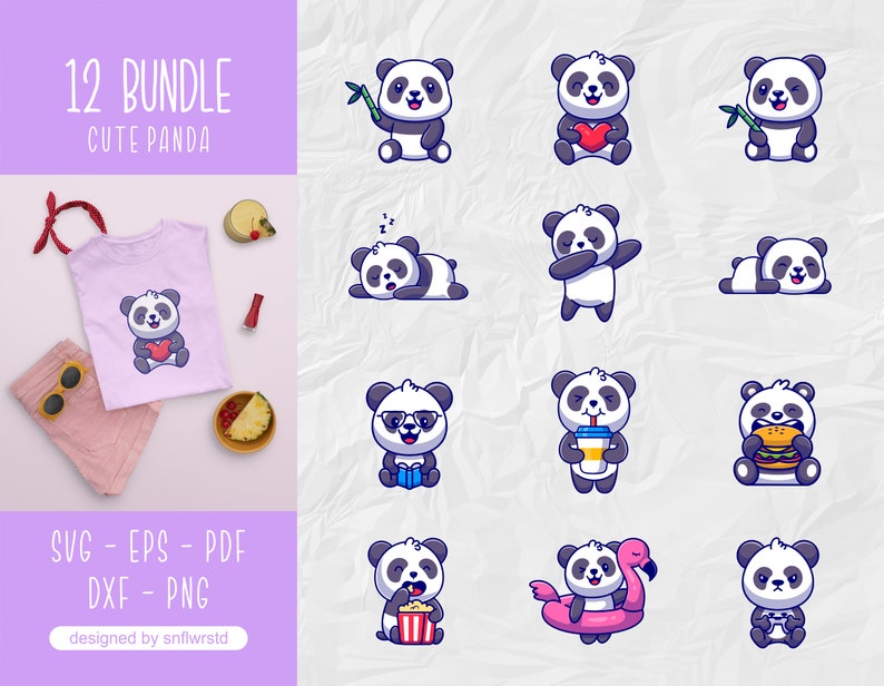 May include: A set of 12 cute panda illustrations in various poses, including holding a heart, eating a hamburger, and relaxing on a float. The illustrations are in a cartoon style and feature bright colours.