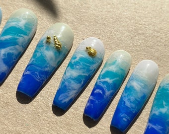 SUMMER SEA | Long Coffin Press On Nails, Summer Nails, Hand Painted Fake Nails, Blue Gold Press On Nails, Beach Press On Nails