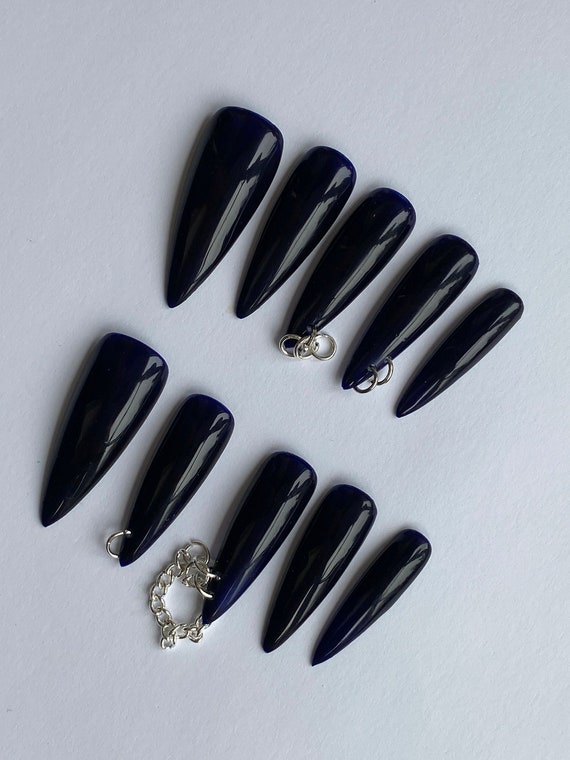 DEEP BLUE Halloween Press on Nails, Blue Nails With Piercing, Long Dark  Stick on Nails, Nail Charms, Solid Colour Press on Nails 