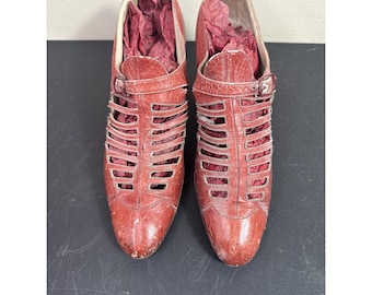 Vintage Red Leather Cage Shoes Pointed Toe Ankle Strap Restoration Project