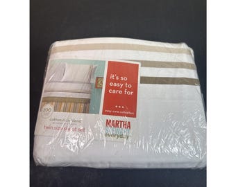 Martha Stewart Everyday Twin Sheet Set White Stripe 200 TC Sealed NOS