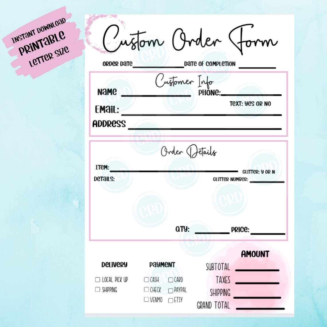 Custom Order Form Crafters Order Form PDF Instant Download Print Ready