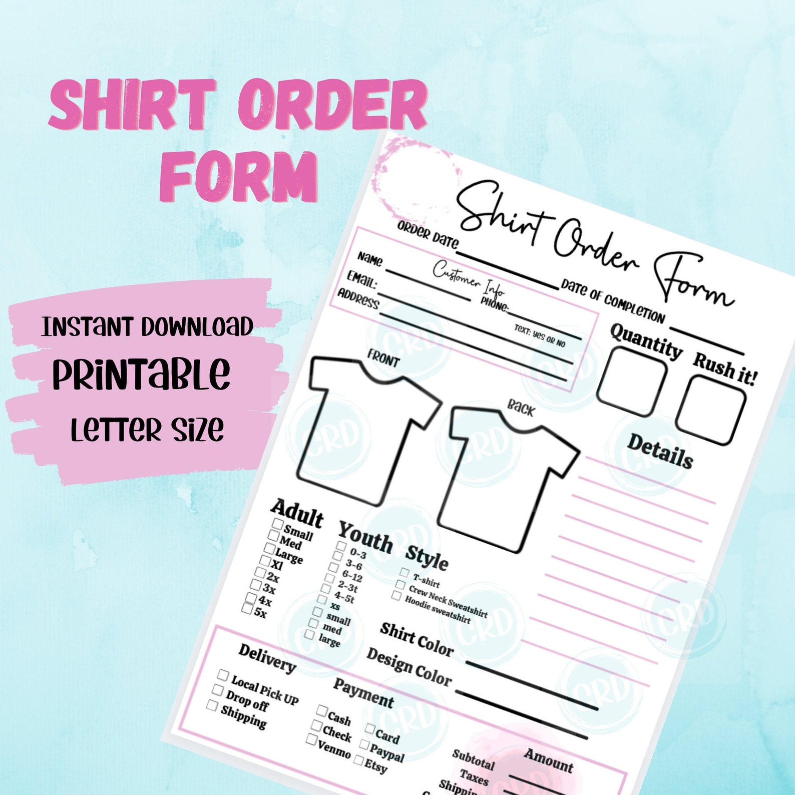 T-shirt Order Form Crafters Order Form PDF Instant Download Print Ready ...