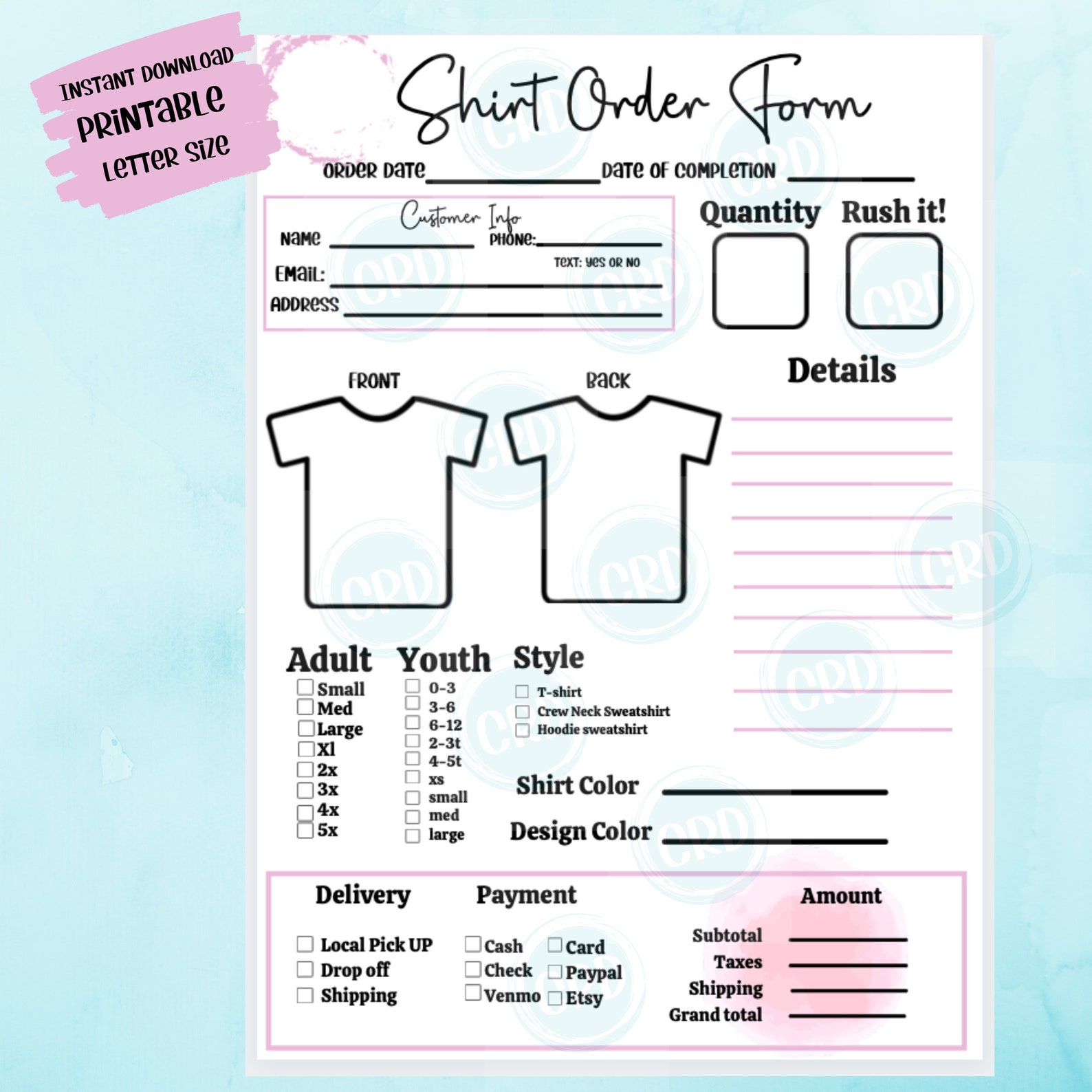 T Shirt Order Form Crafters Order Form Pdf Instant Etsy