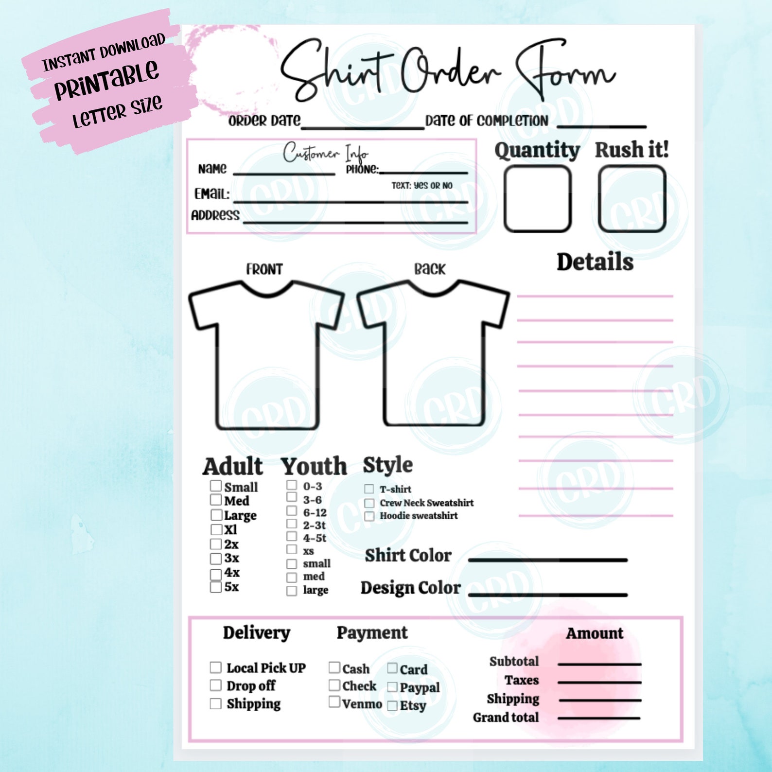 Printable T Shirt Order Form Template