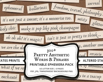 Citas de palabras de diario basura imprimibles vintage, palabras de diario bastante estéticas, palabras digitales, tiras de palabras, efímeras de sentimientos imprimibles