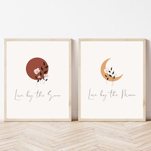 Live By The Sun Love By The Moon, 2 Stück Wandkunst, Boho Wandkunst Set von 2, Sonne Mond Print Set, über dem Bett Dekor, DRUCKBARER DIGITALER DOWNLOAD