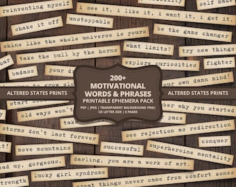 Motivationssätze, druckbare Wörter, Collagenwörter, Wortstreifen, druckbare Gefühle, Junk-Journal-Wörter, Ephemera Pack, digitale Wörter