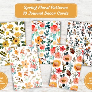 May include: A collection of ten journal decor cards featuring spring floral patterns. The cards showcase watercolor designs with various flowers in shades of yellow, orange, pink, and red, set against a white background. The text "Spring Floral Patterns" and "10 Journal Decor Cards" is visible.