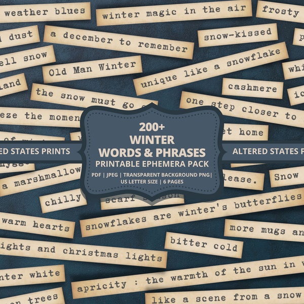 Winter Junk Journal Words, Winter Ephemera Words, Word Strips, Printable Words, Junk Journal Bundle, Journal Words, Collage, DIGIAL PDF