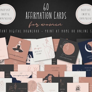 May include: Sixty affirmation cards for women with illustrations and text. The cards are pink, black, and blue with white text. The text on the cards includes phrases like "inner voice" and "powerful creator".