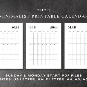 2024 Calendar, Printable Calendar, Minimalist Calendar, Monthly Calendar, Calendar Planner, Calendar Template, PDF Calendar, DIGITAL FILES