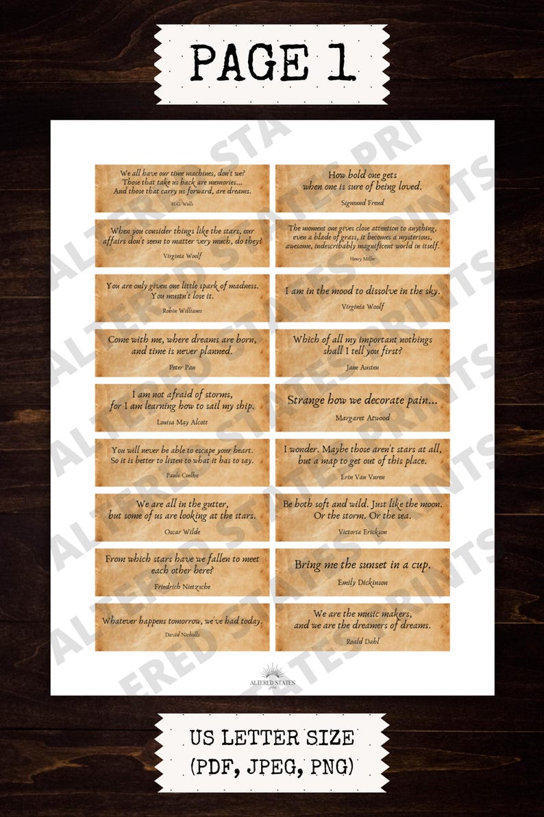 May include: A printable US Letter size PDF, JPEG, and PNG file featuring a collection of quotes on a vintage-style background. The quotes are in a variety of fonts and styles, with the title "PAGE 1" at the top.