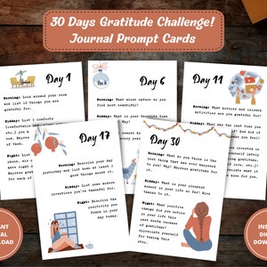 Dankbaarheid Journal, 30 dagen uitdaging, afdrukbare dagboekprompts, dankbaarheidskaarten, dagboekpromptkaarten, Bullet Journal Kit, INSTANT DOWNLOAD