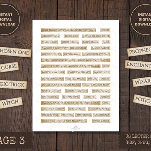 May include: A printable sheet of digital stickers with a vintage aesthetic. The stickers feature words and phrases related to magic, such as "The Chosen One", "Curse", "Magic Trick", "Witch", "Fairy Godmother", "Castle in the Sky", "Just Like Magic", "Wizard", "Witch", "Beauty and the Beast", "Secret Garden", "Spirit Guides", "Enchanted", "Crystals", "Potion", "Magical Creatures are Often Misunderstood", "A Dash of Whimsy", "Good Omen", "The Chosen One", "Wishing Well", "Prophecy", "Mysterious", "Apothecary", "Swish & Flick", and "Trust the Magic of New Beginnings".