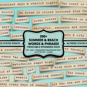 Zomer Journal Woorden, Beach Journal Ephemera Woorden, Afdrukbare woorden, Word Ephemera, Afdrukbare Sentimenten, Junk Journal Woorden, Strand Ephemera