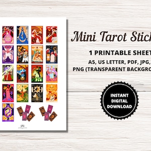 Autocollants de cartes de tarot imprimables, 22 autocollants d’arcanes majeurs, mini cartes de tarot, autocollants mystiques, journal de tarot DIY imprimable, TÉLÉCHARGEMENT NUMÉRIQUE