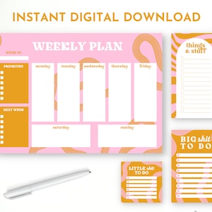 Pink Notepad Set, Pretty Stationary, Weekly Desk Planner, To Do List Notepad, Girl Stationary Set, Colorful Notepad, DIGITAL DOWNLOAD PDF