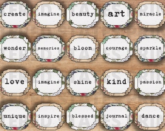 Junk Journal Words, Junk Journal Labels, Printable Words, Ephemera Words, Word Stickers, Journal Words, Positive Words, DIGITAL DOWNLOAD