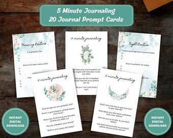 May include: A set of 20 printable journal prompt cards with watercolor floral designs. The cards are designed to help you reflect on your day, practice gratitude, and set goals. The cards feature prompts for morning, night, and general journaling.