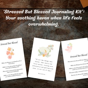 May include: A set of three printable journaling cards with floral illustrations and inspirational quotes. The cards feature a pink flower, a white sheep with a floral crown, and a pink bird with a floral crown. The quotes are "Stressed But Blessed", "Of all the things that matter, that really and truly matter, working more efficiently and getting more done, is not one of them." - Mike Dooley, and "Stressed But Blessed".