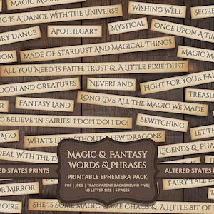 Journal magique, Mots imprimables pour Journal de fantaisie, Mots féeriques du journal indésirable, Mots éphémères de sorcière, Mots de collage de journal de conte de fées