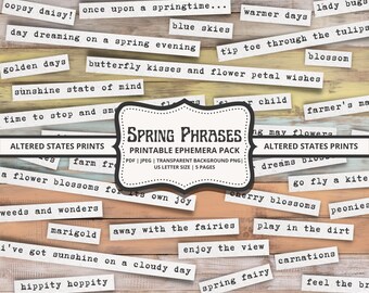 Spring Phrases, Ephemera Pack, Journal Words, Digital Words, Junk Journal Kit, Spring Stickers, Journaling Prompts, PRINTABLE DOWNLOAD
