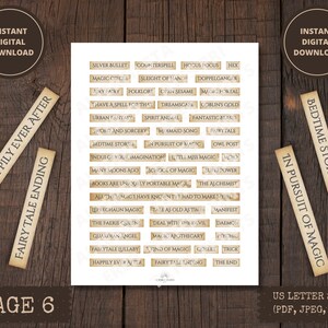 May include: Page 6 of a printable sheet of digital stickers with a vintage aesthetic. The stickers feature various magical and fairytale-themed words and phrases, such as "Silver Bullet", "Magic Circle", "Happily Ever After", and "Fairy Tale Ending".