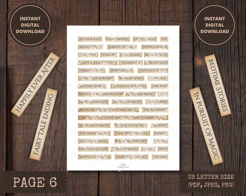 May include: Page 6 of a printable sheet of digital stickers with a vintage aesthetic. The stickers feature various magical and fairytale-themed words and phrases, such as "Silver Bullet", "Magic Circle", "Happily Ever After", and "Fairy Tale Ending".