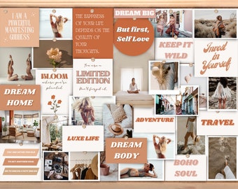 Vision Board Printable, Boho Aesthetic Vision Board Kit, Law of Attraction Manifestation Board, Affirmation Cards, Abundance Checks, DIGITAL