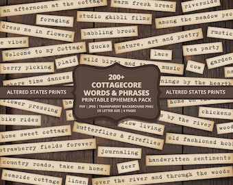 Cottagecore Journal Words, Cottage Core Printable Word Strips, Ephemera Words, Cottagecore Stickers, Junk Journal Words, Collage Words